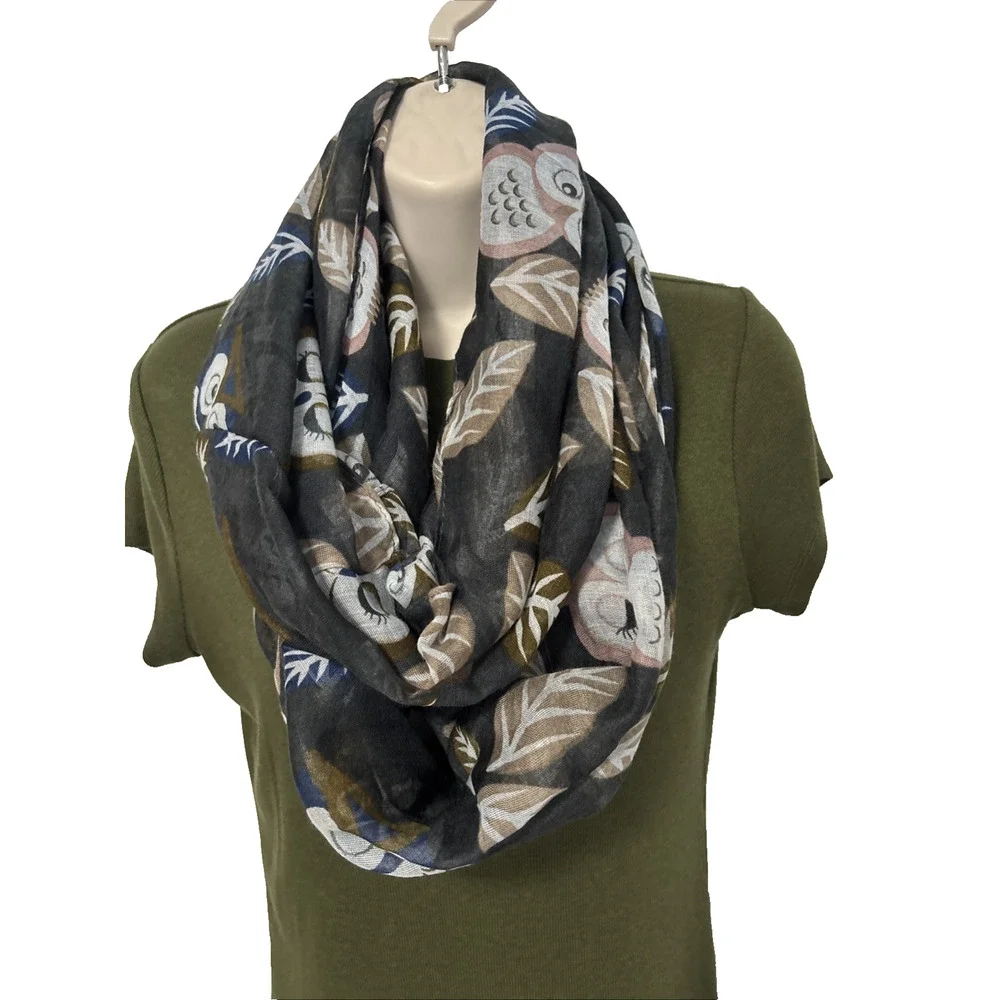 Women's Sheer Baby Owl Infinity Scarf‎ Lightweight Fall Autumn Neutral Preppy
